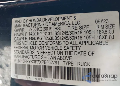 2023 Honda Ridgeline Rtl-E z USA, uszkodzony, nr VIN 5FPYK3F7XPB052791